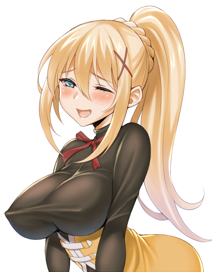 10s, 1girl, ass, blonde_hair, blue_eyes, blush, breasts, covered_erect_nipples, darkness_(konosuba), female_focus, impossible_clothes, impossible_shirt, kono_subarashii_sekai_ni_shukufuku_wo!, lang_(chikage36), large_breasts, long_hair, looking_at_viewer, one_eye_closed, ponytail, shirt, simple_background, smile, solo, white_background