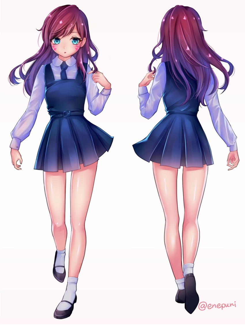 1girl, ass, belt, black_dress, black_shoes, blue_eyes, blush, breasts