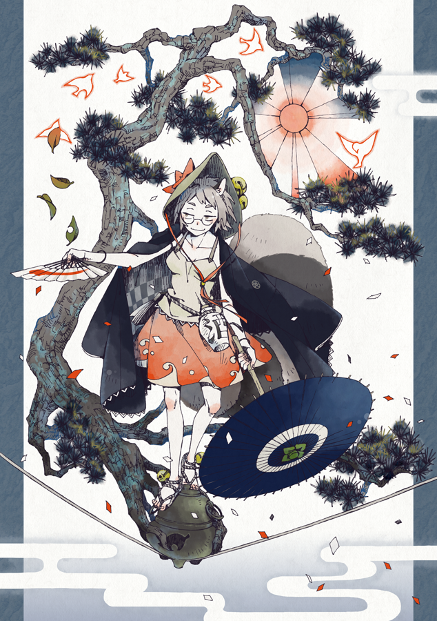 1girl, animal_ears, asahi_(uwa), bell, bird, bow, brown_eyes, brown_hair