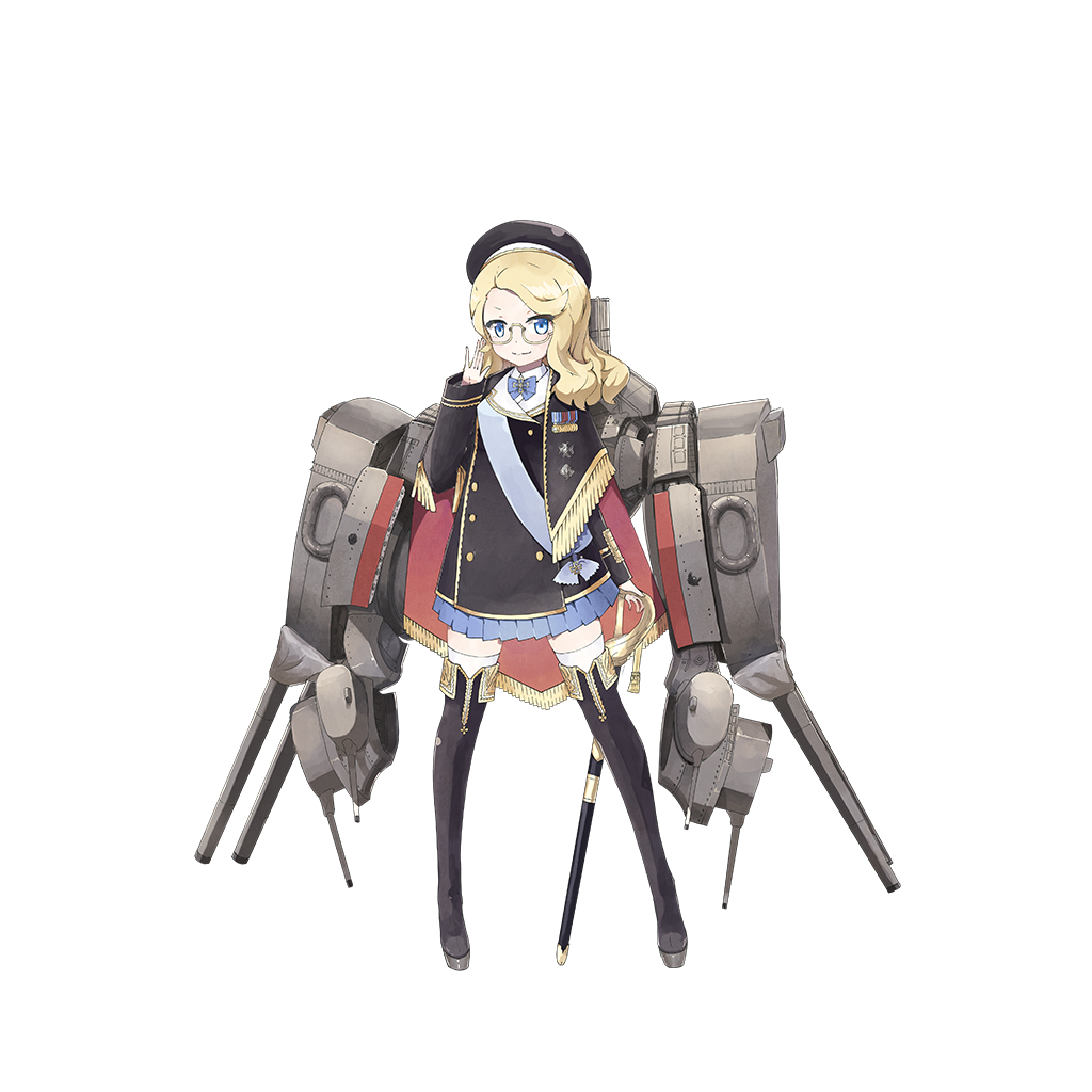 1girl, adjusting_eyewear, beret, black_boots, black_hat, black_jacket, blonde_hair, blue_bow, blue_eyes, blue_sash, blue_skirt, boots, bow, bowtie, buttons, cannon, cape, capelet, chenilelo, closed_mouth, double-breasted, female_focus, full_body, glasses, gustav_v_(zhan_jian_shao_nyu), hat, jacket, legs_apart, long_hair, long_sleeves, looking_at_viewer, medal, military, military_uniform, official_art, parted_bangs, pleated_skirt, rigging, sash, scabbard, sheath, ship_turret, skirt, smile, solo, standing, sword, thigh_boots, thighhighs, transparent_background, warship_girls_r, weapon, white_thighhighs, zettai_ryouiki