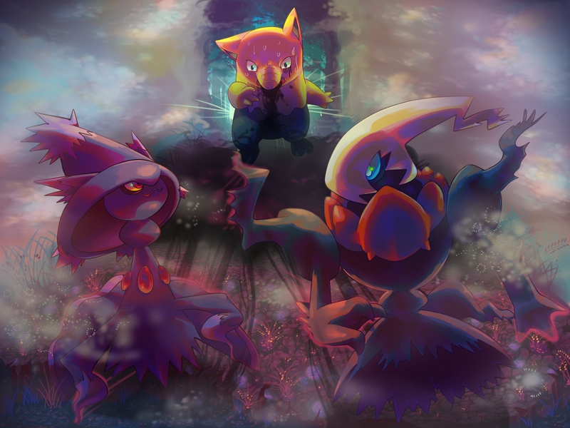 00s, :3, backlighting, blue_eyes, closed_mouth, darkrai, drowzee, forest, gen_1_pokemon, gen_4_pokemon, ghost, green_eyes, hinekure, legendary_pokemon, light_rays, mismagius, mythical_pokemon, nature, nintendo, no_humans, open_mouth, outdoors, outstretched_arm, pokemon, pokemon_(creature), red_eyes, shaded_face, sweat, tree, wet, you_gonna_get_raped