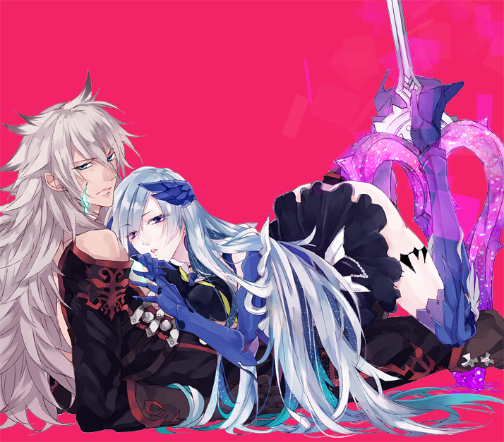 1boy, 1girl, 9tsumura, armor, ass, bad_id, bad_twitter_id, balmung_(fate)