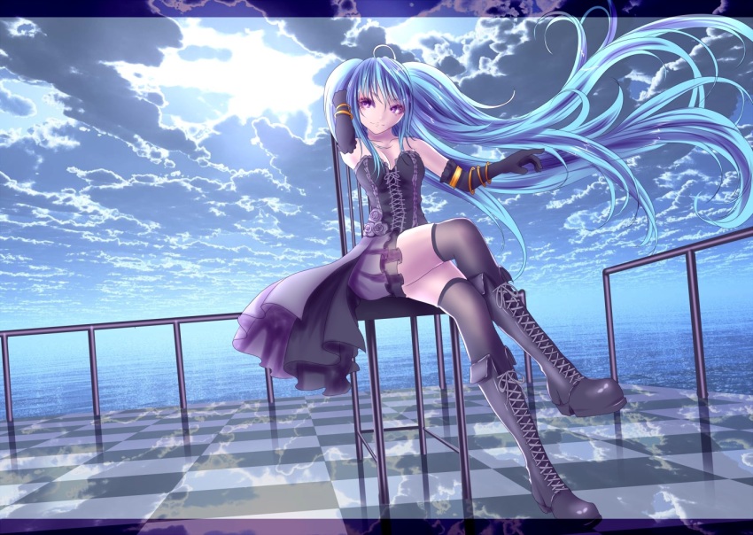 1girl, blue_hair, boots, cloud, corset, elbow_gloves, female_focus, flower, gloves, goth-loli, hatsune_miku, lolita_fashion, long_hair, purple_eyes, rose, sky, solo, thighhighs, twintails, vocaloid, water, yusuke