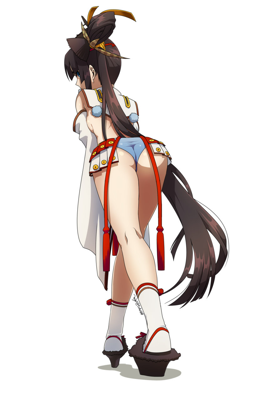 1girl, absurdres, armor, ass, back, bad_id, bad_pixiv_id, black_hair, black_hat, blue_eyes, blue_panties, breasts, detached_sleeves, fate/grand_order, fate_(series), female_focus, full_body, hat, highres, japanese_armor, kneepits, kusazuri, long_hair, panties, pom_pom_(clothes), revealing_clothes, sandals, shimo_(seamoss), side_ponytail, sideboob, simple_background, small_breasts, socks, solo, standing, underwear, ushiwakamaru_(fate), very_long_hair, white_background, white_socks