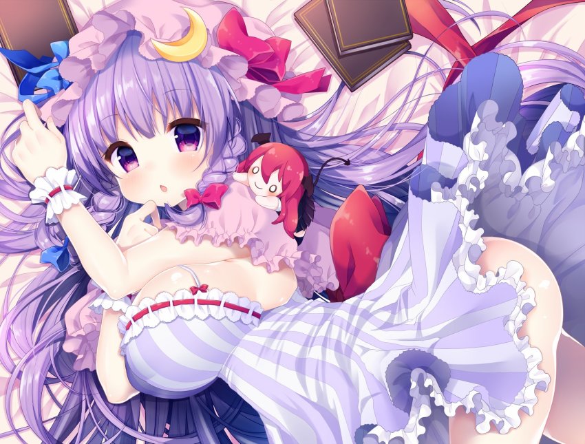 1girl, :o, blue_bow, book, bow, braid, breasts, capelet, character_doll, crescent, doll, dress, hair_bow, hat, highres, koakuma, large_breasts, long_hair, looking_at_viewer, lying, miiiiiiii, mob_cap, patchouli_knowledge, purple_dress, purple_eyes, purple_hair, red_bow, red_hair, strap_slip, striped_clothes, striped_dress, touhou, very_long_hair, wrist_cuffs