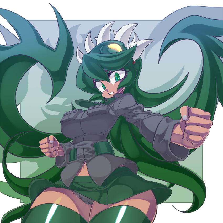 1girl, absurdres, cameltoe, eyeshadow, fukua_(skullgirls), green_eyes, green_hair, green_thighhighs