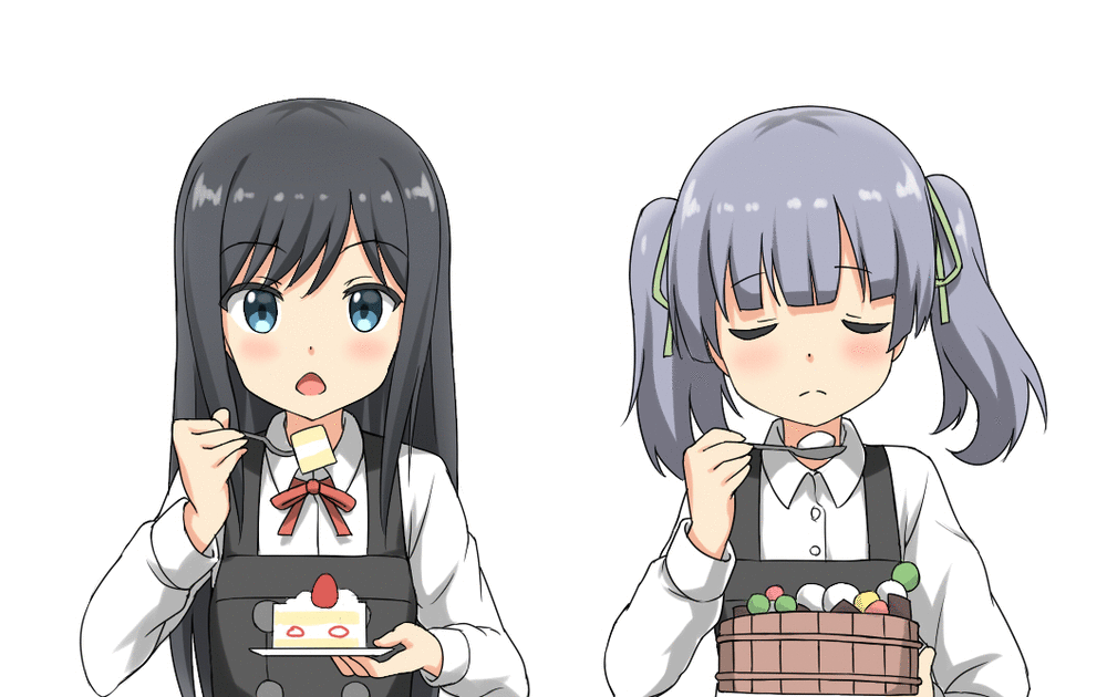 2girls, :d, animated, animated_gif, asashio_(kancolle), black_hair, blue_eyes, blunt_bangs