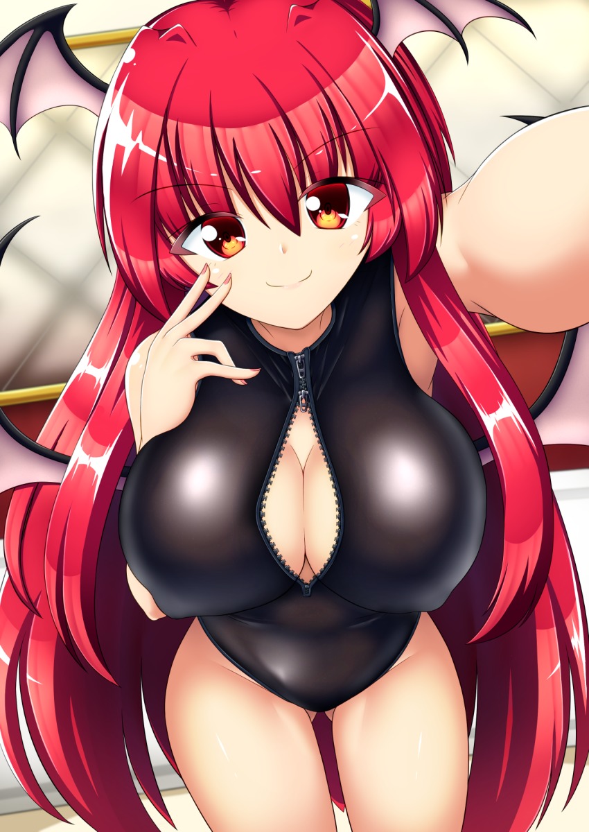 1girl, alternate_costume, bed, black_one-piece_swimsuit, breasts, cleavage, colored_eyelashes, covered_erect_nipples
