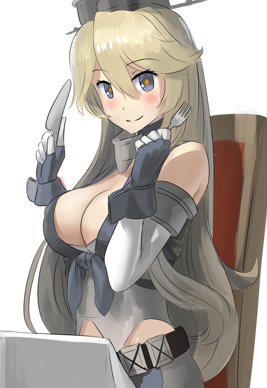 10s, 1girl, ao_iro, bare_shoulders, blonde_hair, blush, breasts, chair