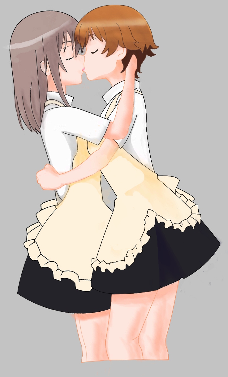 2girls, cropped_legs, closed_eyes, female_focus, grey_background, grey_hair, highres, kiss