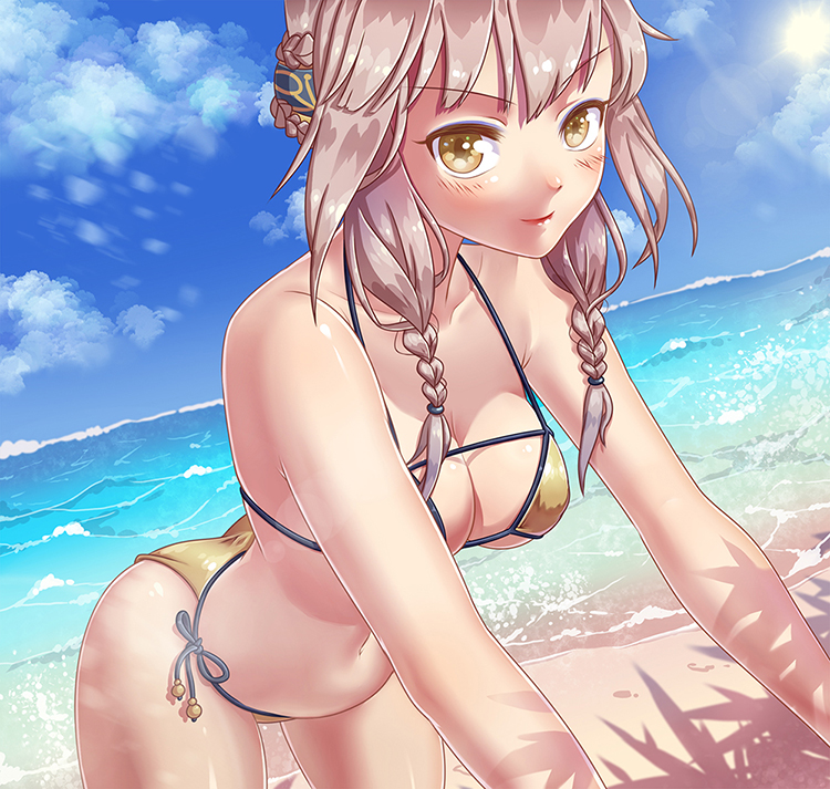 10s, 1girl, beach, bikini, blush, braid, breasts, brown_hair, cleavage, day, female_focus, genderswap, genderswap_(mtf), hair_ornament, la_pucelle_(mahoiku), leaning_forward, looking_at_viewer, mahou_shoujo_ikusei_keikaku, mahou_shoujo_ikusei_keikaku_unmarked, navel, ocean, outdoors, prettyblue88, short_hair, side-tie_bikini_bottom, smile, solo, swimsuit, underboob, water, yellow_bikini, yellow_eyes