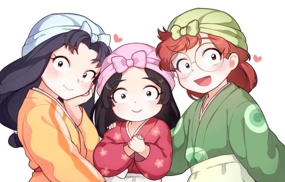 3boys, :d, apron, arm_at_side, black_eyes, black_hair, boy_sandwich, brown_hair