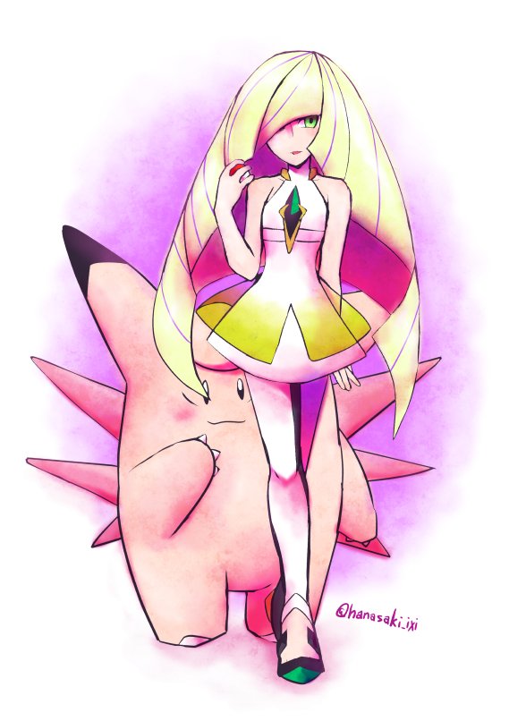 1girl, arm_behind_back, bare_arms, bare_shoulders, blonde_hair, blunt_bangs, clefable, collarbone