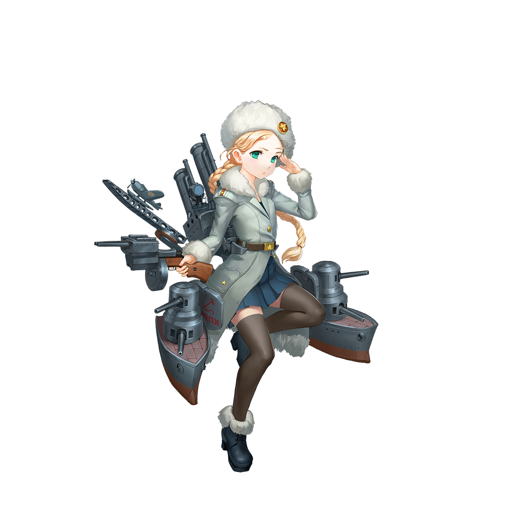 1girl, aircraft, airplane, belt, black_thighhighs, blonde_hair, blue_skirt, blush, braid, cannon, caoyao_zi, closed_mouth, coat, cyrillic, drum_magazine, female_focus, floatplane, forehead, full_body, fur_trim, green_eyes, grey_coat, gun, hammer_and_sickle, hat, holding, holding_gun, holding_weapon, long_hair, long_sleeves, looking_at_viewer, magazine_(weapon), murmansk_(warship_girls_r), official_art, pleated_skirt, ppsh-41, rigging, russian_clothes, russian_text, salute, seaplane, searchlight, ship_turret, skirt, smokestack, solo, standing, standing_on_one_leg, submachine_gun, swept_bangs, thighhighs, transparent_background, trigger_discipline, warship_girls_r, weapon, white_hat