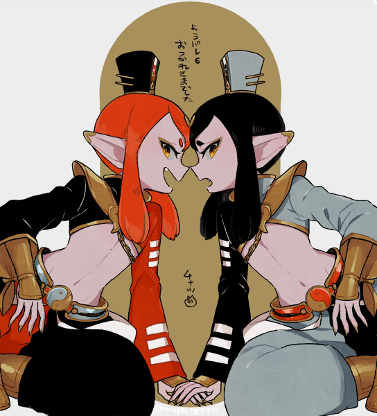 10s, 2boys, black_hair, brothers, fang, fingernails, l_hakase, long_fingernails, male_focus, midriff, multiple_boys, navel, noruka, open_mouth, orange_hair, pointy_ears, siblings, soruka, symmetry, traditional_youkai, twins, yellow_eyes, yin_yang, youkai_sangokushi, youkai_watch