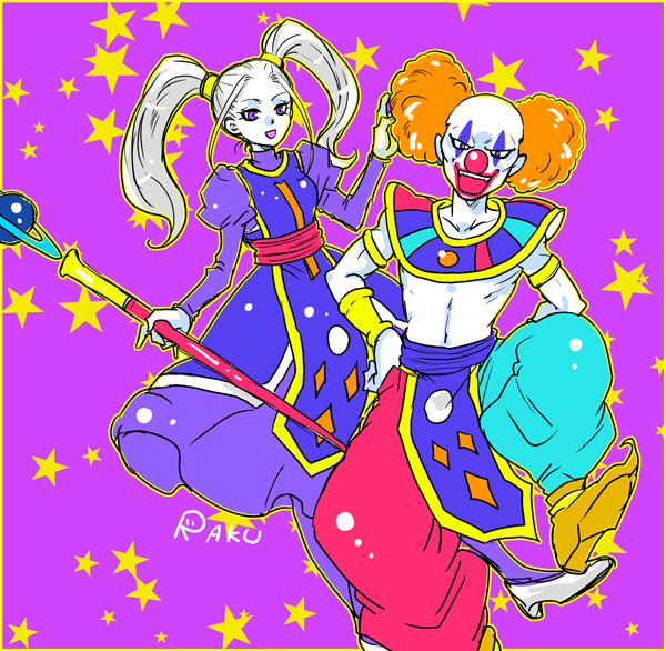 10s, 1boy, 1girl, :d, angel_(dragon_ball), asymmetrical_pants, blue_dress, clown