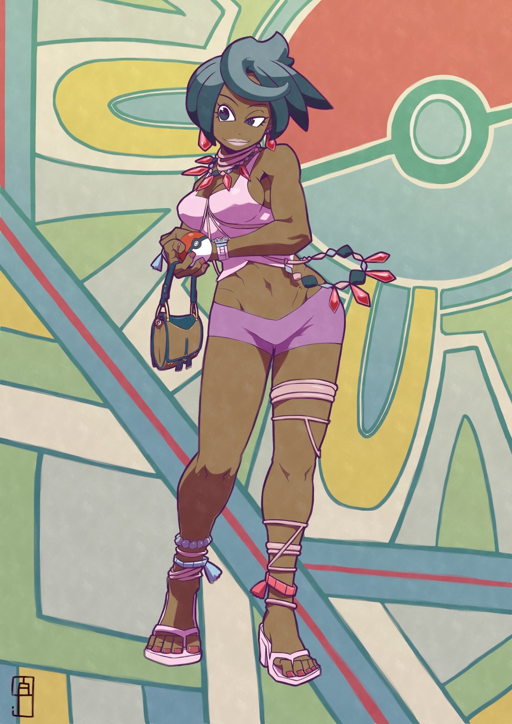 1girl, anklet, bag, bare_shoulders, black_eyes, black_hair, bracelet, breasts