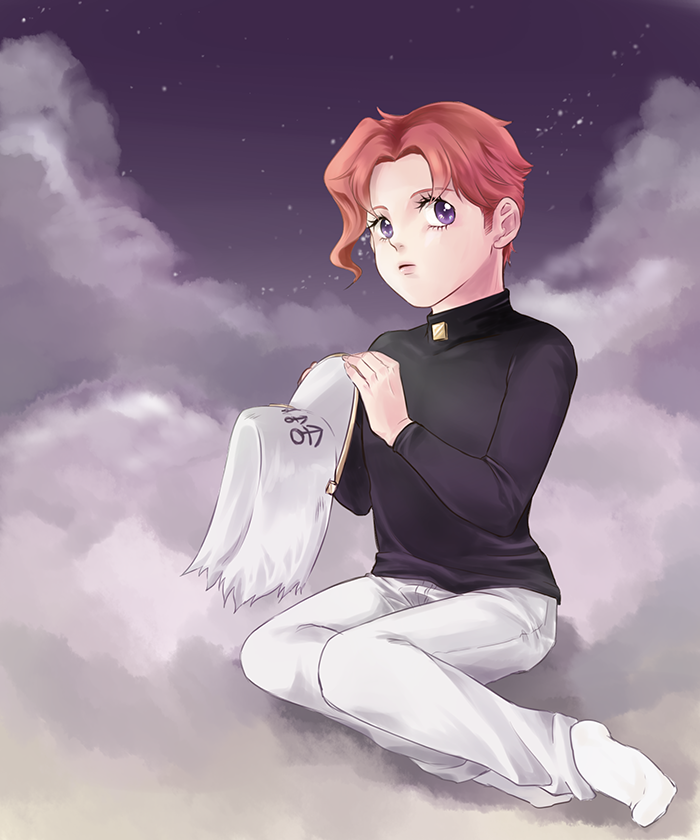 1boy, bad_id, bad_pixiv_id, cosplay, full_body, hat, unworn_hat, unworn_headwear, jojo_no_kimyou_na_bouken, kakyoin_noriaki, kuujou_joutarou, kuujou_joutarou_(cosplay), male_focus, no_shoes, pencil_(haen2), purple_eyes, red_hair, sitting, socks, solo, turtleneck, yokozuwari, aged_down