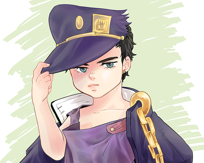 1boy, adjusting_clothes, adjusting_headwear, age_regression, aged_down, bad_id, bad_pixiv_id, black_hair, chain, child, earrings, gakuran, green_eyes, hat, jewelry, jojo_no_kimyou_na_bouken, kuujou_joutarou, male_focus, oversized_clothes, pencil_(haen2), school_uniform, solo, stud_earrings, upper_body