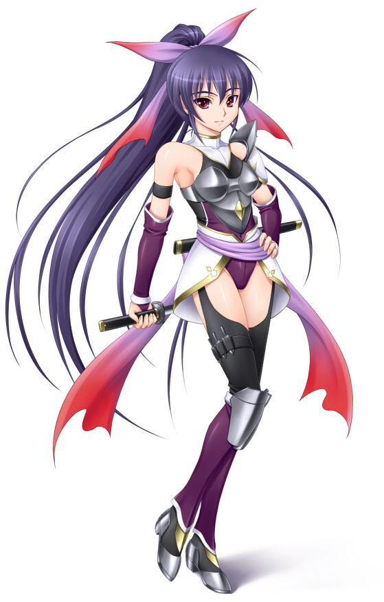 1girl, amane_(funfun), armband, armor, armpits, bare_shoulders, black_thighhighs, boots