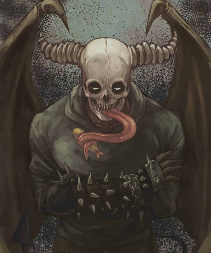 1boy, bad_id, bad_pixiv_id, bracelet, chain, chidaruma, crossed_arms, demon, demon_horns, demon_tail, demon_wings, dorohedoro, einohiraki, food, horns, jewelry, long_tongue, male_focus, sharp_teeth, shrimp, shrimp_tempura, skull_head, solo, spiked_bracelet, spiked_knuckles, spikes, tail, teeth, tempura, tongue, tongue_out, wings