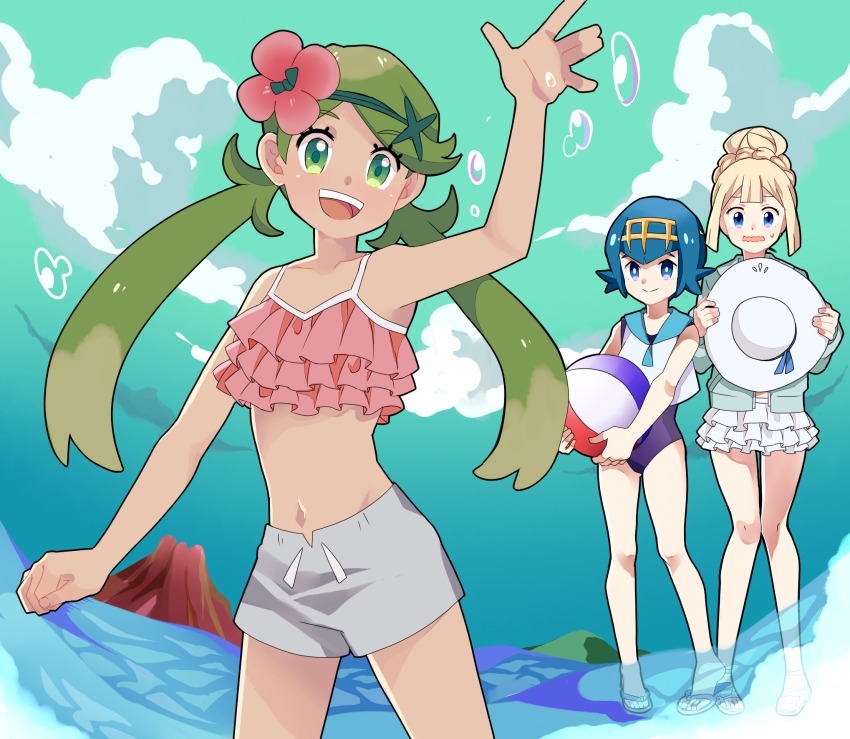 3girls, :d, ball, bare_legs, bare_shoulders, beach, beachball, bikini, bikini_under_clothes, blonde_hair, blue_eyes, blue_hair, blue_sailor_collar, bra, braid, closed_mouth, cloud, cropped_legs, dark-skinned_female, dark_skin, day, flip-flops, flower, flower_on_head, frilled_bikini, frilled_bra, frilled_swimsuit, frills, green_eyes, green_hair, hair_ornament, hat, highres, holding, holding_ball, holding_unworn_clothes, holding_unworn_hat, hood, hoodie, lana_(pokemon), lillie_(pokemon), looking_at_viewer, mallow_(pokemon), midriff, mountain, mozuku_(13domon), multiple_girls, navel, nervous, nintendo, ocean, open_mouth, outdoors, pokemon, pokemon_sun_and_moon, ponytail, ruffle_bikini, sailor_collar, sandals, shirt, short_hair, shorts, sky, sleeveless, sleeveless_shirt, smile, standing, stomach, sun_hat, sweatdrop, swimsuit, swimsuit_under_clothes, trial_captain, underwear, unworn_hat, unworn_headwear, water, waving, wavy_mouth, white_bikini
