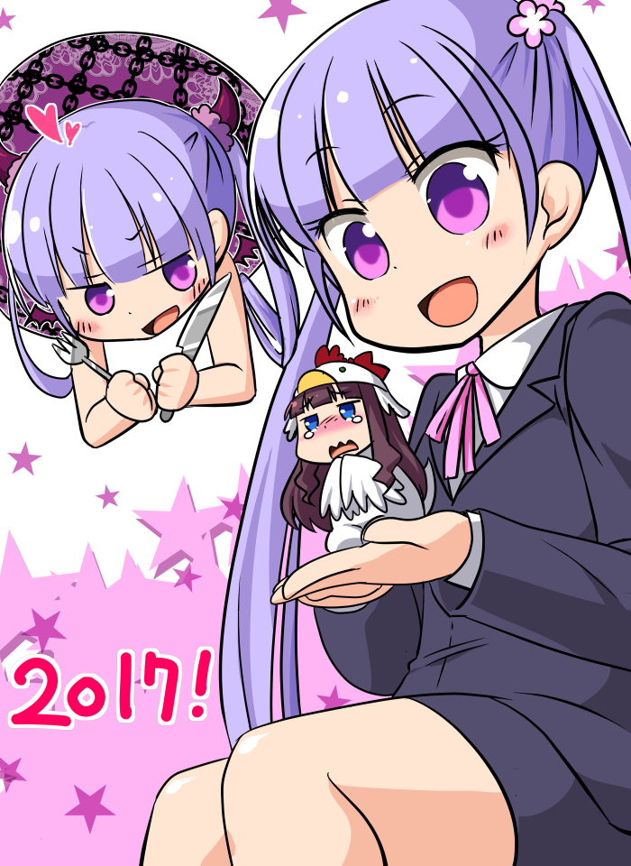 10s, 2017, 2girls, animal_costume, blush, demon_horns, fork, hair_ornament