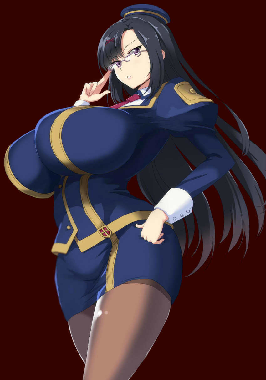 10s, 1girl, black_hair, breasts, brown_background, curvy, female_focus, glasses, hair_ornament, hairclip, hat, highres, hip_focus, huge_breasts, kono_subarashii_sekai_ni_shukufuku_wo!, long_hair, looking_at_viewer, miniskirt, nehani_(tworship), pantyhose, parted_lips, pencil_skirt, purple_eyes, sena_(konosuba), simple_background, skirt, solo, thighs, x_hair_ornament