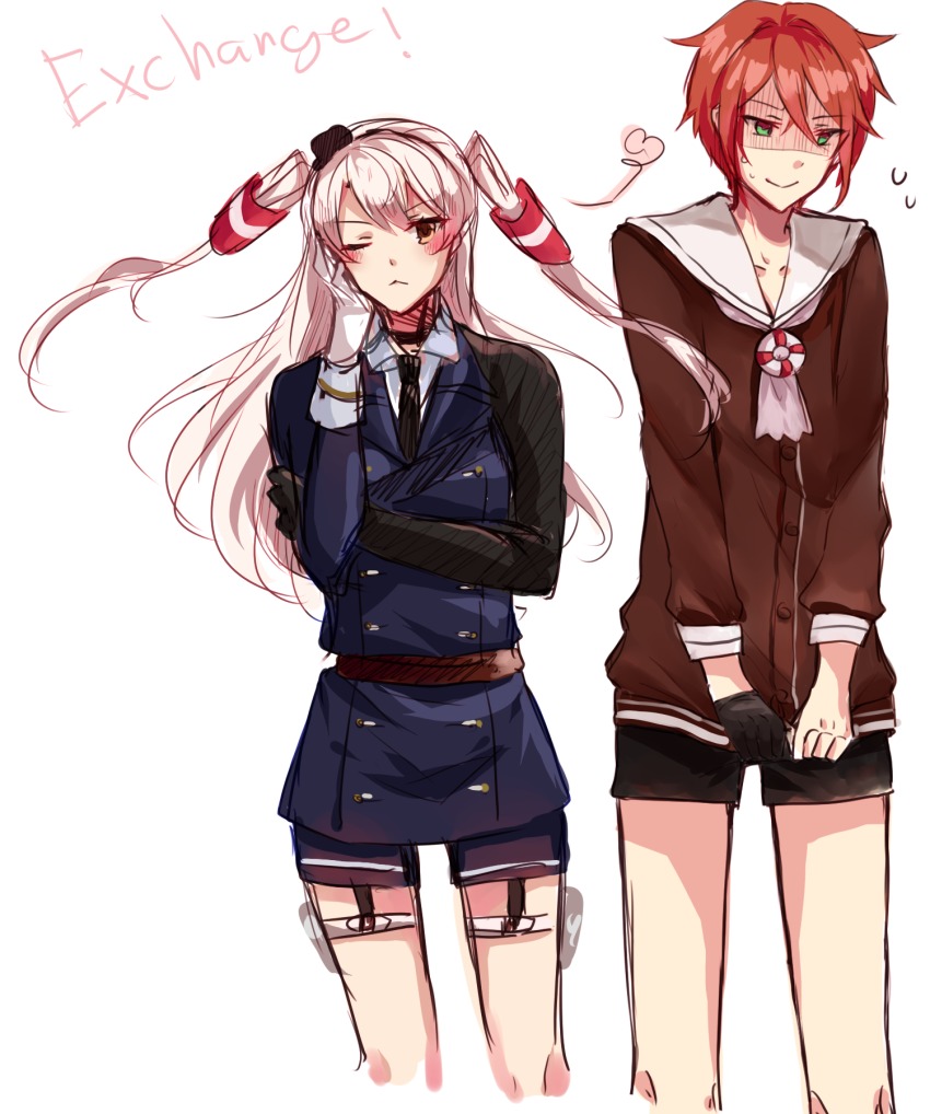 10s, 1boy, 1girl, ;<, amatsukaze_(kancolle), brown_eyes, cosplay, costume_switch