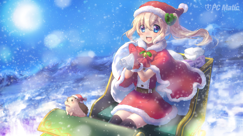 1girl, :d, absurdres, akai_acuo, belt, black_thighhighs, blonde_hair, blue_eyes, cape, christmas, dress, female_focus, hair_between_eyes, hair_ornament, hat, hedgehog, highres, long_hair, mountain, open_mouth, original, outdoors, red_dress, red_hat, santa_costume, santa_hat, side_ponytail, sitting, sleigh, smile, snow, snowing, solo, thighhighs, watermark, zettai_ryouiki