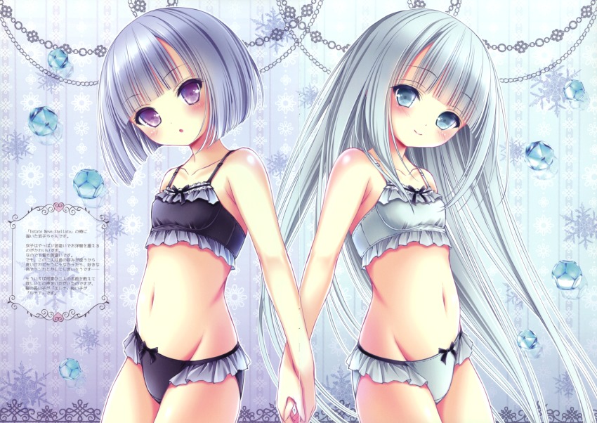 2girls, absurdres, bare_shoulders, black_bra, black_panties, black_ribbon, blush, bra