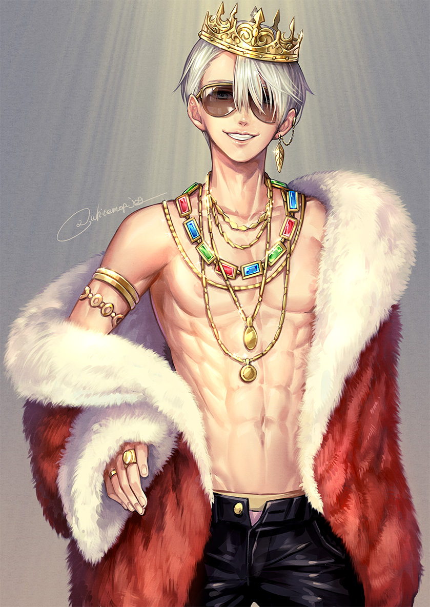 10s, 1boy, blue_eyes, crown, earrings, fur_trim, grin, jewelry