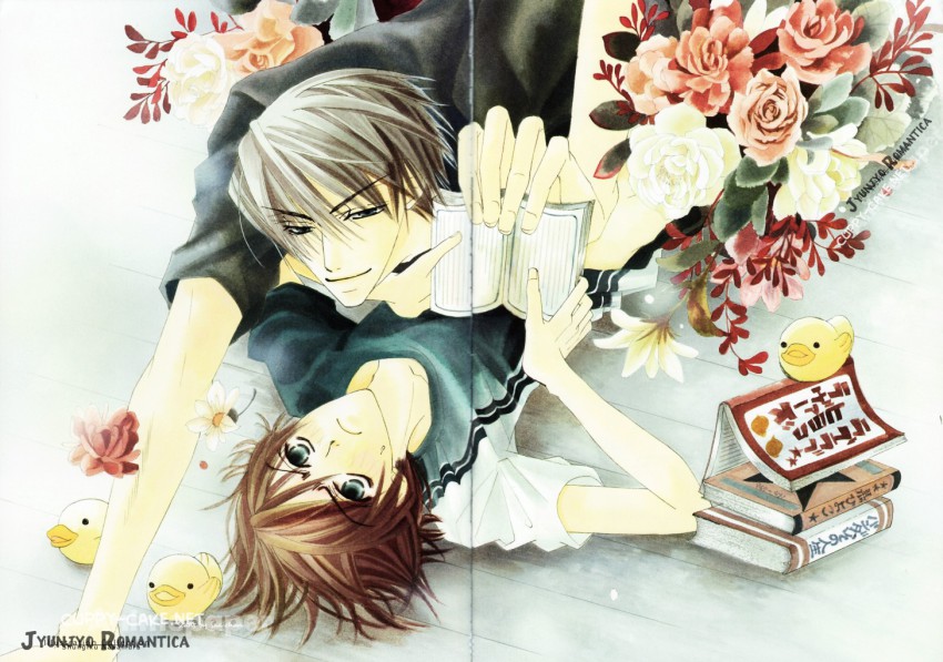 00s, 2boys, book, comic, crease, gradient_background, junjou_romantica, male_focus