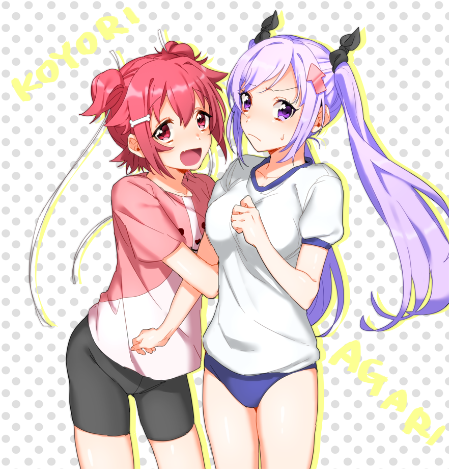 2girls, :d, arm_hug, arrow_(symbol), arrow_hair_ornament, arrow_symbol_hair_ornament, bike_shorts, bone_hair_ornament