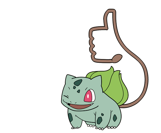 bulbasaur, fangs, gen_1_pokemon, nintendo, no_humans, pokemon, pokemon_(creature), red_eyes, rkgk, simple_background, solo, thumbs_up, white_background