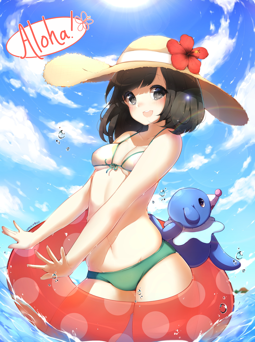 1girl, :d, artist_name, bad_deviantart_id, bad_id, bare_shoulders, bikini, black_eyes, black_hair, blue_sky, blush, breasts, bubble, cleavage, cloud, cloudy_sky, day, english_text, floral_print, flower, front-tie_bikini_top, front-tie_top, gen_7_pokemon, green_panties, hat, hat_flower, hibiscus, highres, innertube, looking_at_viewer, madi_(weeniedesu), navel, nintendo, ocean, open_mouth, panties, partially_submerged, pokemon, pokemon_(creature), pokemon_sun_and_moon, polka_dot, popplio, rainbow, selene_(pokemon), short_hair, sky, small_breasts, smile, sparkle, speech_bubble, straw_hat, sun, sunlight, swim_ring, swimsuit, teeth, text_focus, thighs, underboob, underwear, wading, water