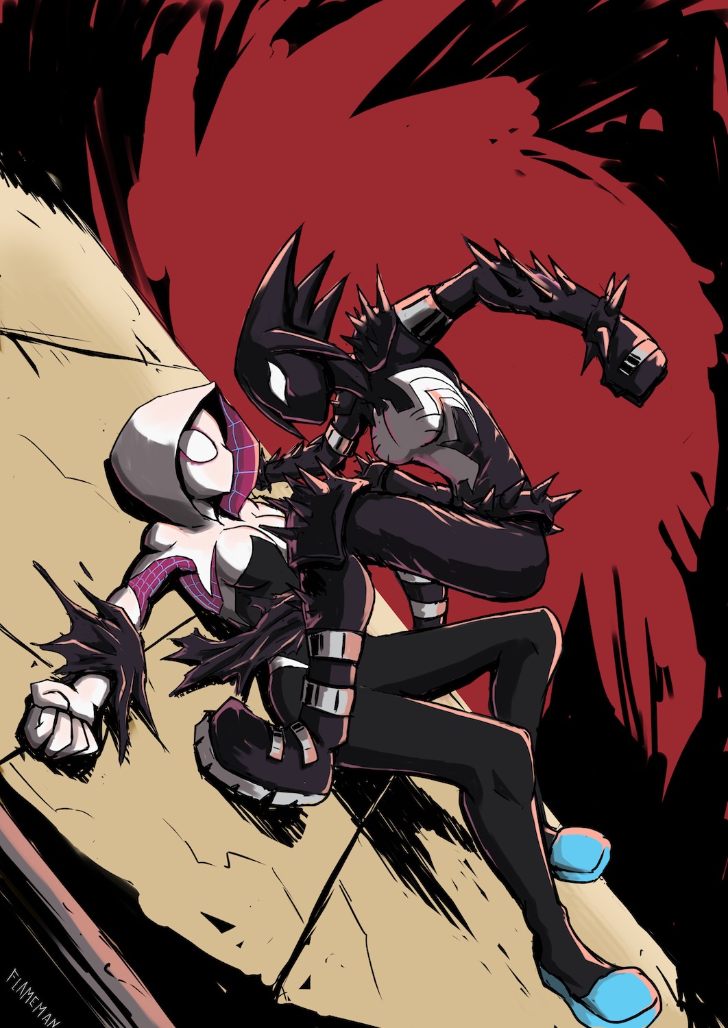 2girls, boots, breasts, gwen_stacy, highres, hood, klyntar, mania_(marvel), marvel, multiple_girls, spider-girl, spider-gwen, spikes, symbiote, tagme