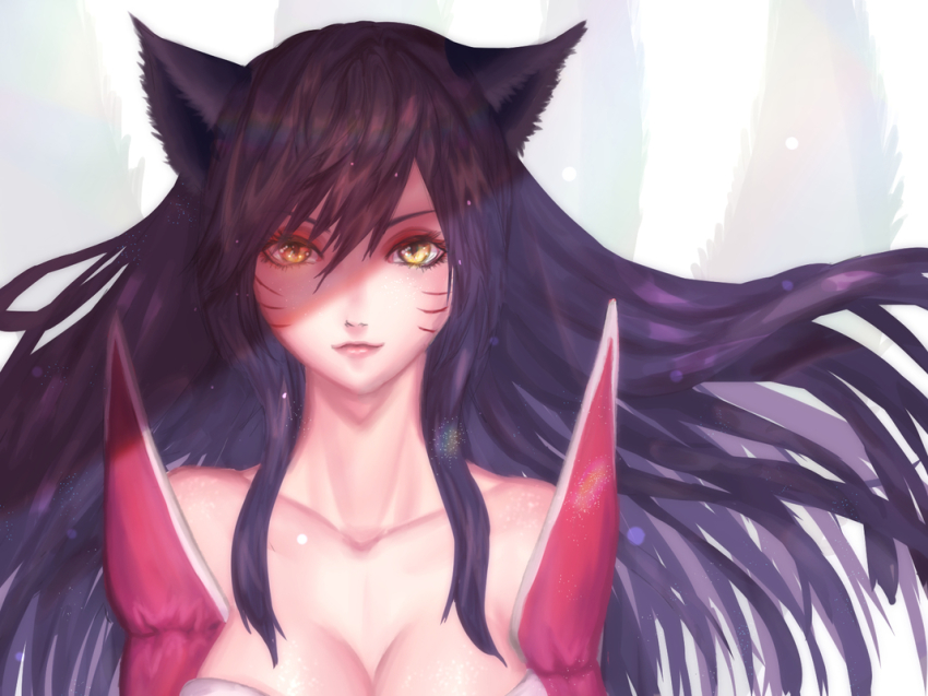 1girl, ahri_(league_of_legends), animal_ears, bad_id, bad_pixiv_id, bare_shoulders, black_hair, breasts