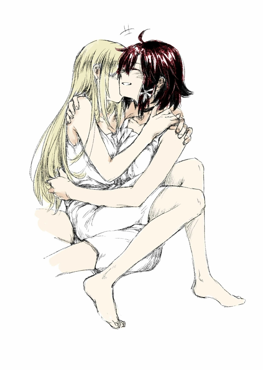 10s, 2girls, blonde_hair, couple, dress, closed_eyes, harii, highres, hug, izetta, long_hair, multiple_girls, ortfine_fredericka_von_eylstadt, red_hair, shuumatsu_no_izetta, sketch, very_long_hair, white_background, white_dress, yuri