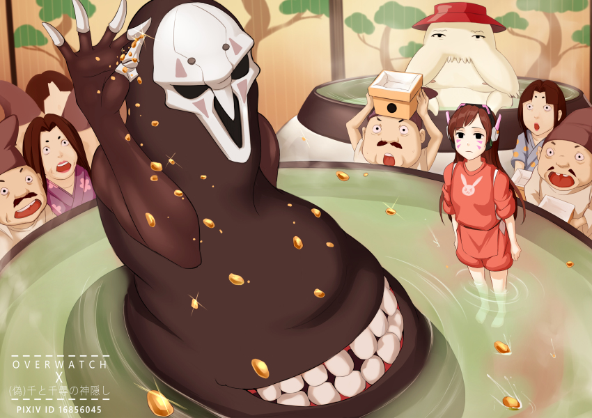 4girls, 5boys, :o, absurdres, barefoot, bathing, brown_hair, completely_unamused