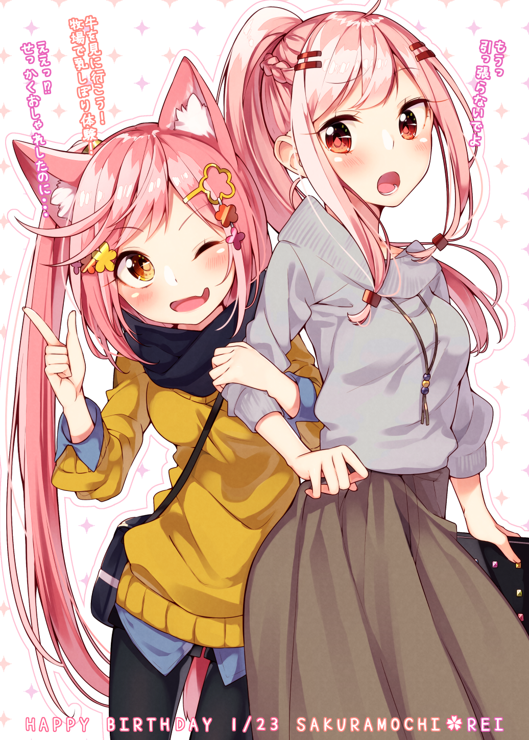 2girls, :o, ;d, ahoge, animal_ears, bad_id, bad_pixiv_id, bag
