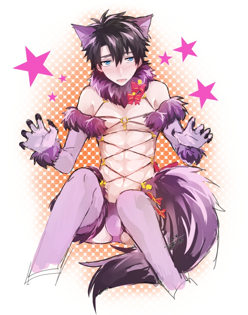 1boy, abs, absurdres, animal_ears, bare_shoulders, black_hair, black_nails, blue_eyes, blush, claws, cosplay, crossdressing, crossdressing_(mtf), elbow_gloves, fangs, fate/grand_order, fate_(series), fingernails, fujimaru_ritsuka_(male), fur-trimmed_legwear, fur-trimmed_sleeves, fur_trim, gloves, halloween_costume, highres, long_fingernails, looking_at_viewer, male_focus, mash_kyrielight, mash_kyrielight_(dangerous_beast), mash_kyrielight_(dangerous_beast)_(cosplay), minazaka, nail_polish, navel, official_alternate_costume, purple_gloves, purple_thighhighs, revealing_clothes, solo, star_(symbol), tail, thighhighs, wolf_ears, wolf_tail