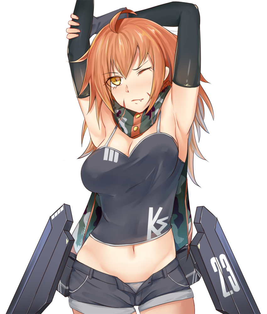 1girl, ;/, ahoge, armor, armpits, ballistic_shield, blush, bobo1_jia1