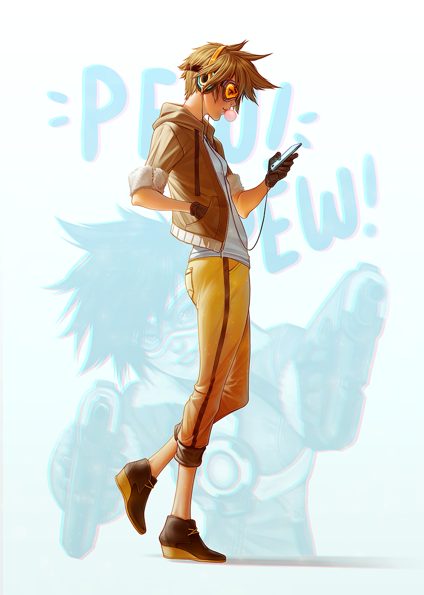1girl, adapted_costume, blowing_bubble_gum, blowing_bubbles, brown_hair, casual, cellphone, chewing_gum, female_focus, full_body, gloves, goggles, headphones, highres, jacket, overwatch, overwatch_1, phone, smartphone, solo, tracer_(overwatch), whispwill