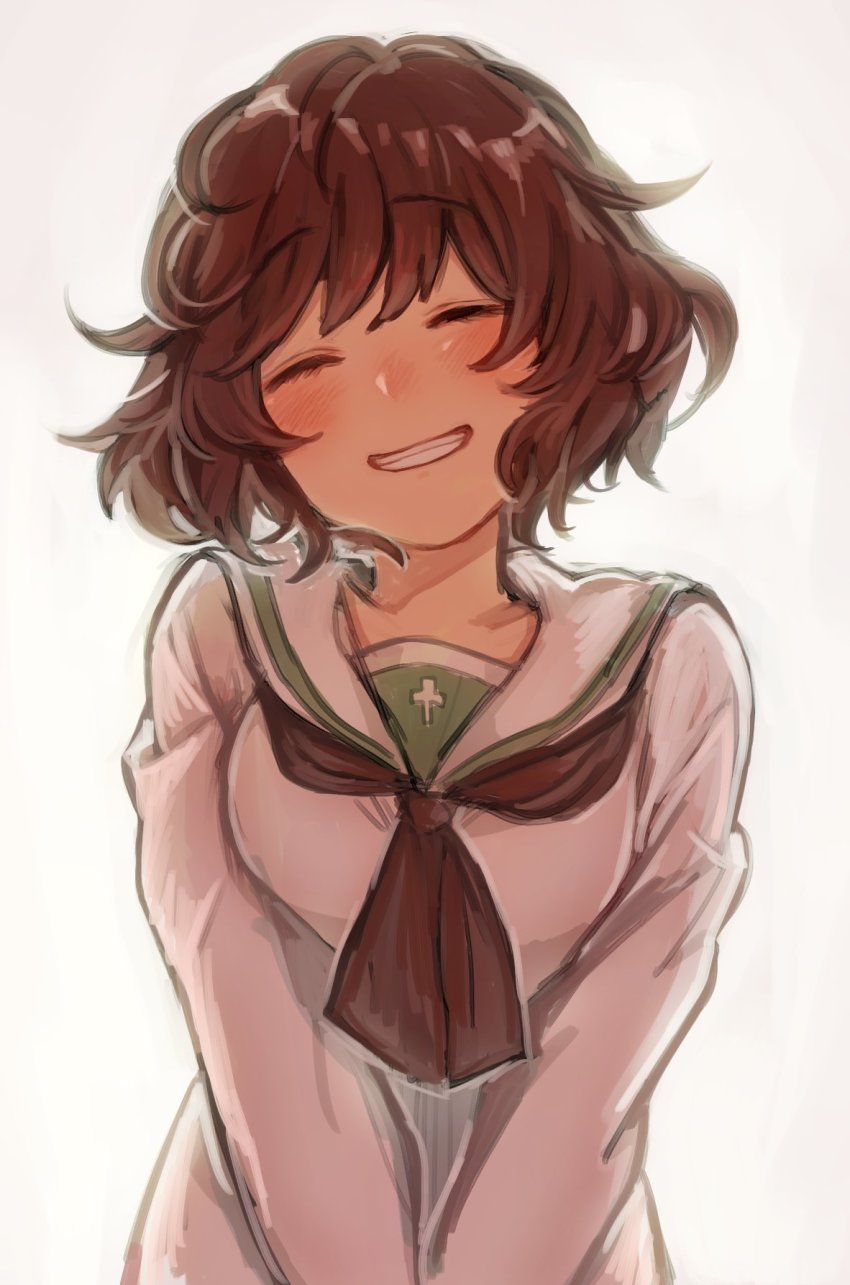 10s, 1girl, akiyama_yukari, bad_id, bad_twitter_id, blouse, blush, closed_eyes