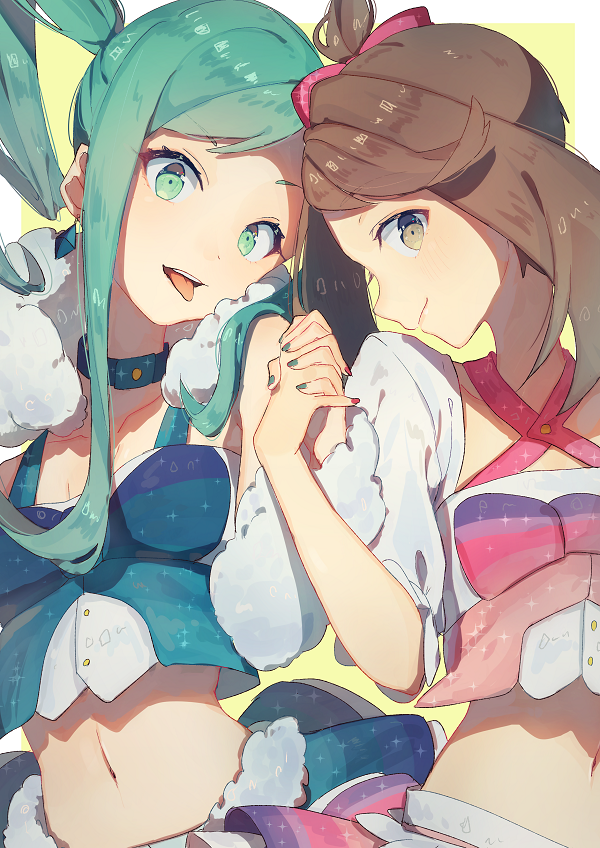 2girls, aqua_eyes, aqua_hair, aqua_nails, asymmetrical_hair, bow, brown_eyes, brown_hair