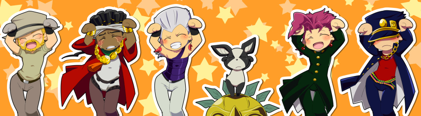 5boys, abitu, blush, caramelldansen, chibi, dark-skinned_male, dark_skin, dog, gakuran, highres, iggy_(jojo), jean_pierre_polnareff, jojo_no_kimyou_na_bouken, joseph_joestar, joseph_joestar_(old), kakyoin_noriaki, kuujou_joutarou, long_image, mohammed_abdul, mohammed_avdol, multiple_boys, parody, school_uniform, serafuku, stand_(jojo), tears, the_fool_(stand), wide_image