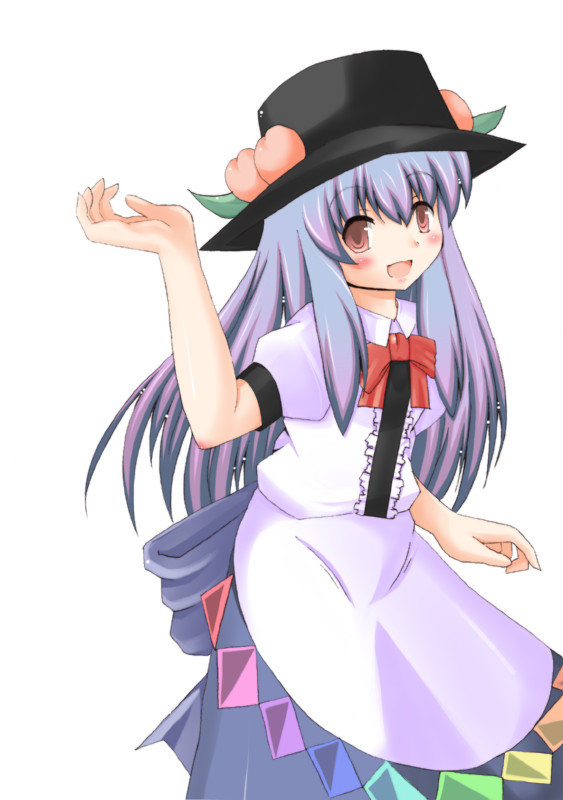 1girl, blue_hair, female_focus, food, fruit, hat, hinagi_hiyaya, hinanawi_tenshi