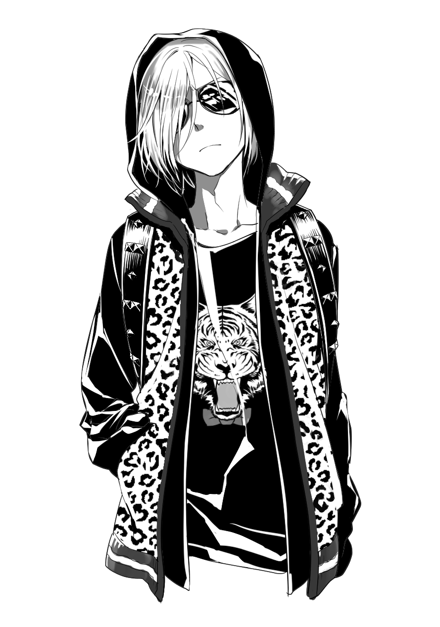 10s, 1boy, animal_print, bad_id, bad_pixiv_id, greyscale, hair_over_one_eye, hand_in_pocket