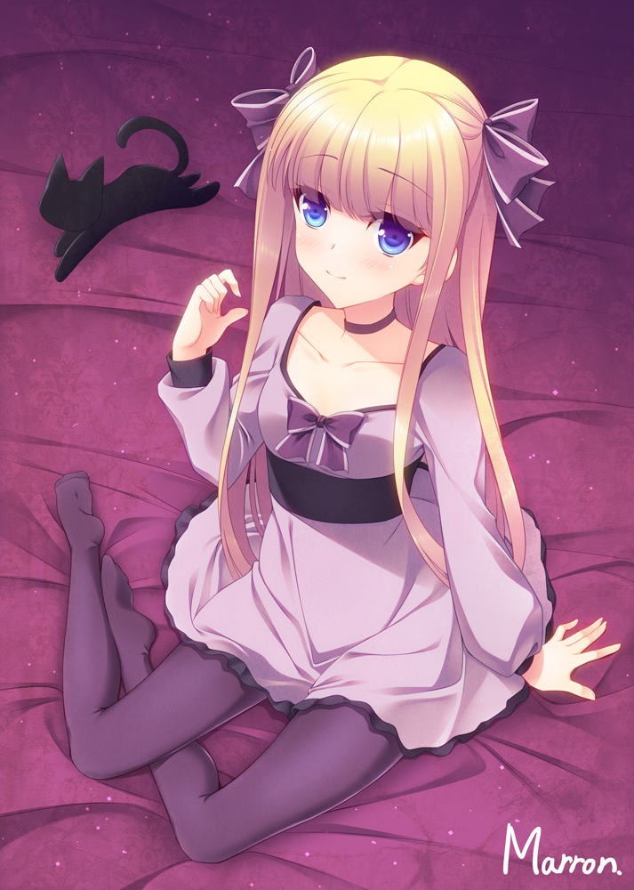 1girl, artist_name, bed_sheet, bemani, black_cat, black_pantyhose, blonde_hair, blue_eyes